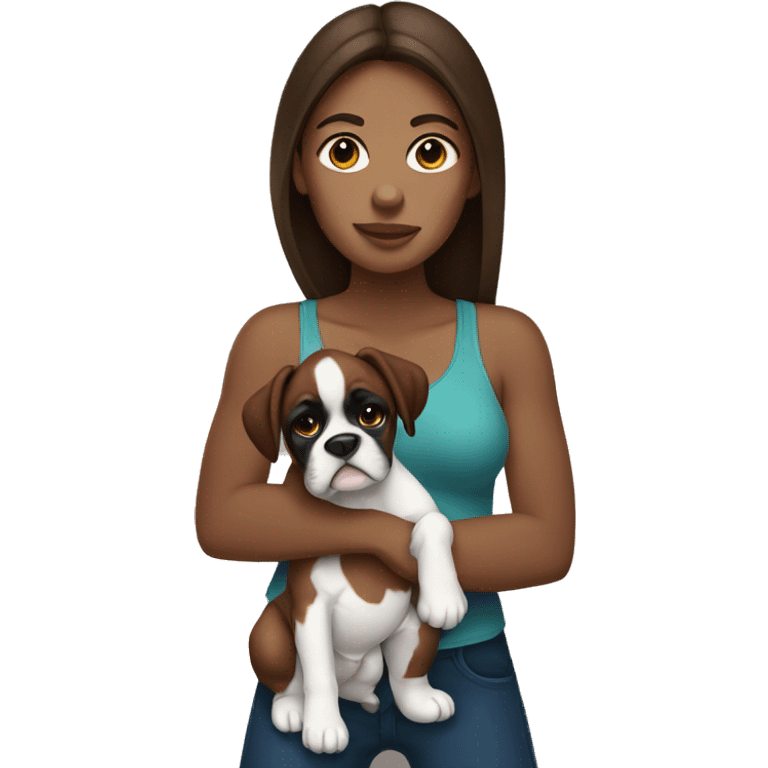 A woman with brown hair holding her black and white boxer like a baby emoji