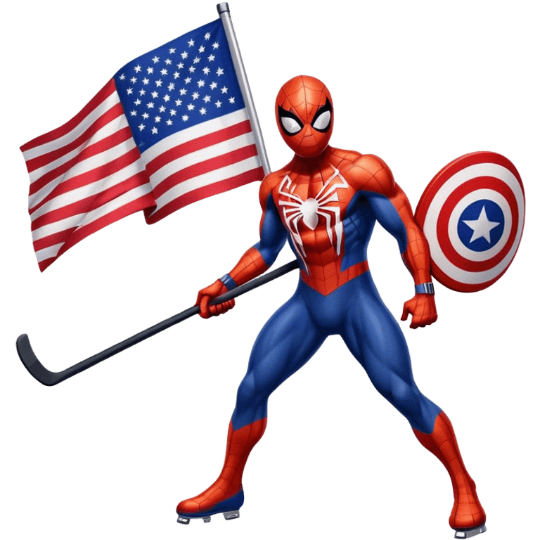 Muscular Spider-Man with hockey stick and USA flag emoji