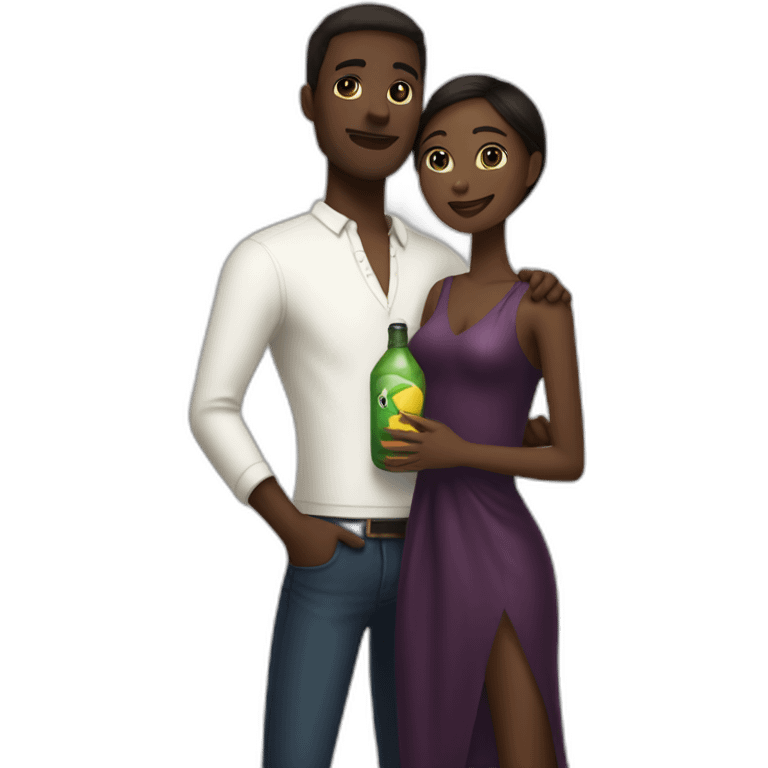 Tall fair skin man with bottle, hugging short darkskin woman in designer clothes emoji