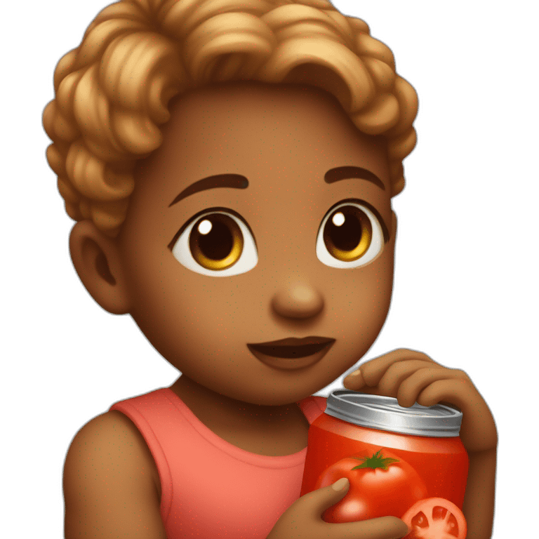 baby with canned tomato juice in her hands emoji