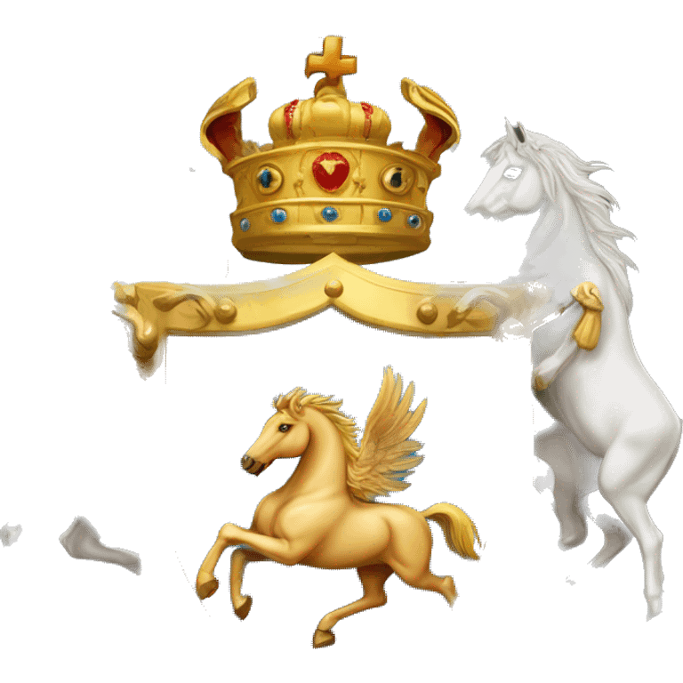 Create an ornate coat of arms featuring two majestic horses rearing on either side. The central shield should display a radiant sun with a face, surrounded by golden rays. Above the shield, include an elaborate crown adorned with intricate details. emoji