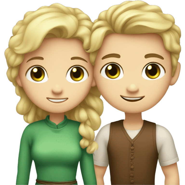 A boy with blond hair and blue eyes and a girl with brown hair up to the waist and green and hugging eyes emoji