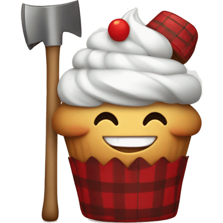 Happy cupcake wearing red plaid and holding an axe  emoji