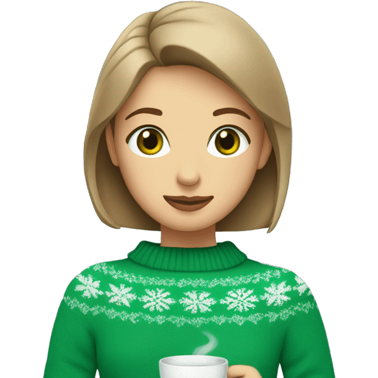 Light brown short haired girl with green eyes drinking coffee wearing blue Christmas sweater emoji