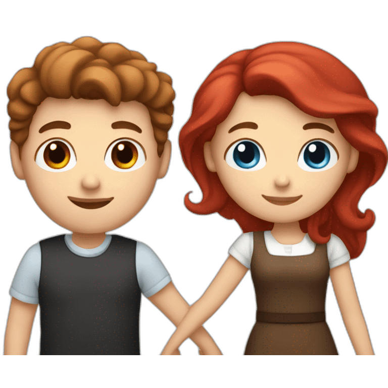 White male with brown hair and brown eyes holding hands with white female with red hair and blue eyes emoji