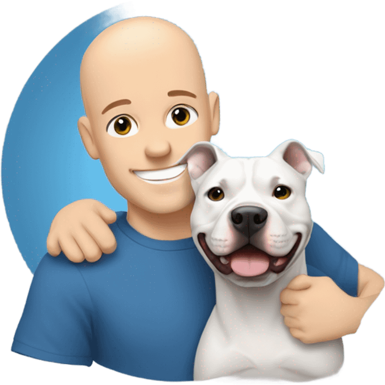 bald white man no beard blue eyes and blue tshirt Hugging large gray smiling pit bull emoji