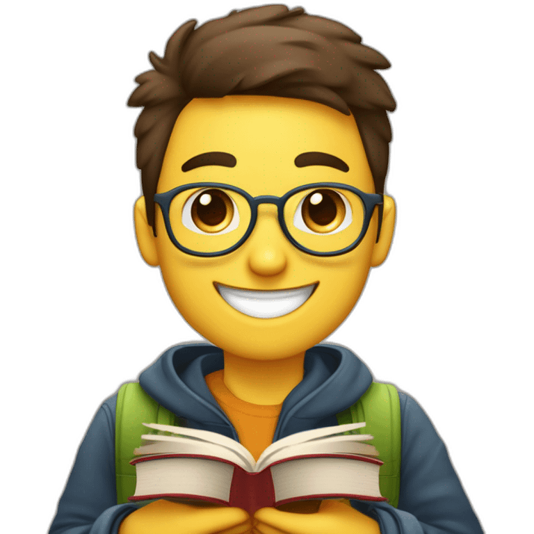 joven estudiante con todos sus libros que son muchos, de piel blanca muy feliz y sonriente con un libro en sus manos, y sobre su cabeza, atiborrado de libros emoji