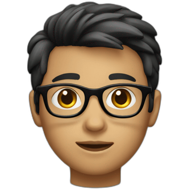 A boy with slightly parted hair and black framed glasses, wearing a black T-shirt emoji