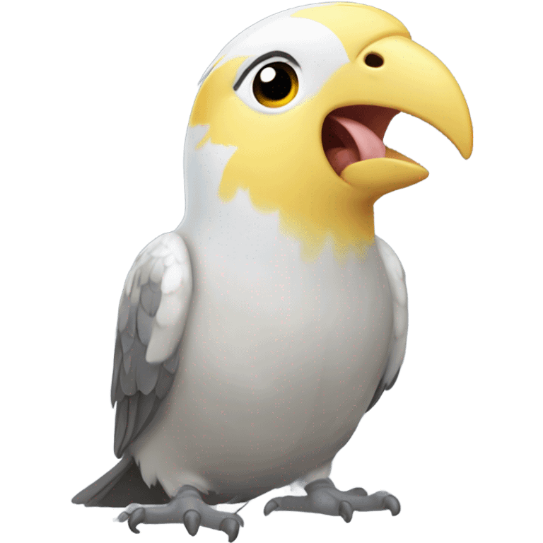 The cockatiel with a grayish-yellow head is very thirsty and is asking, “Please, bring me some water.” emoji