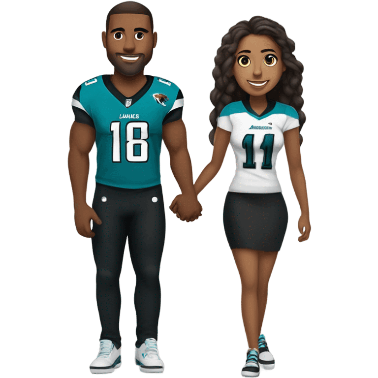 Brown guy and brown girl with hair in ponytail withJacksonville jaguars  clothes holding hands emoji