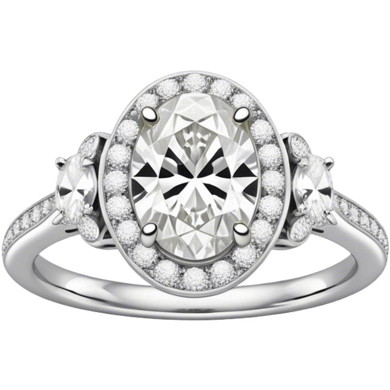 platinum oval diamond engagement ring with white diamond halo and white diamond band emoji