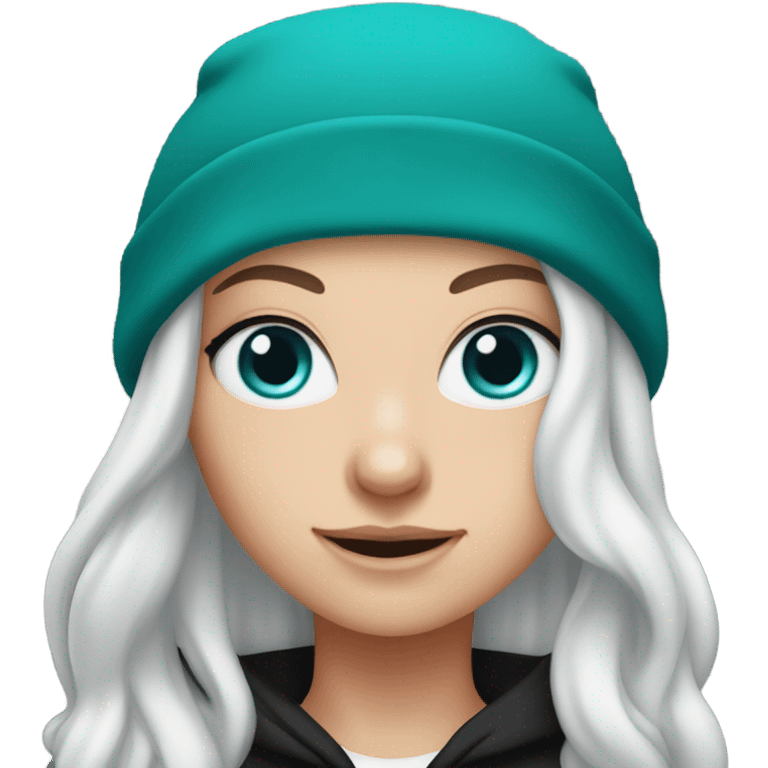 White girl, black hoodie, long teal hair, purple beanie hat, blue eyes emoji