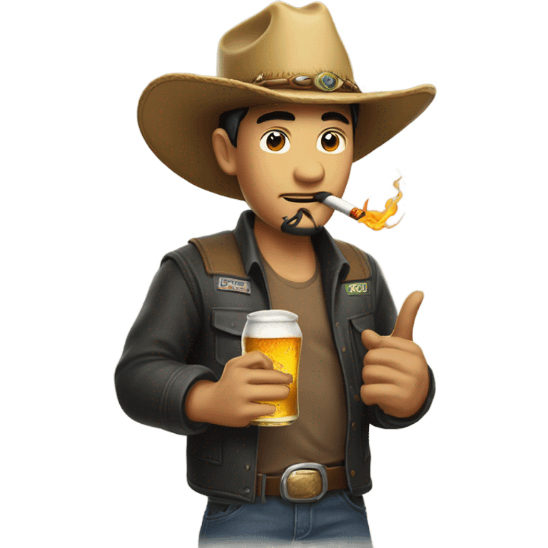 a chinese trucker with a dragon cowboy hat smoking a cigarette drinking a beer emoji