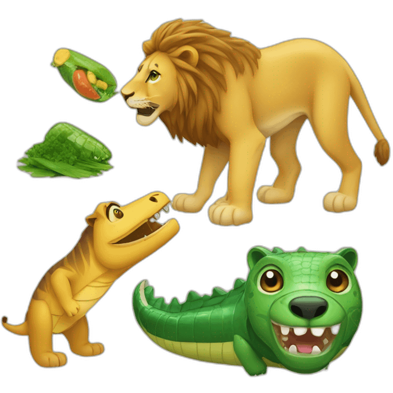 Un lion qui mange un zèbre et un crocodile emoji