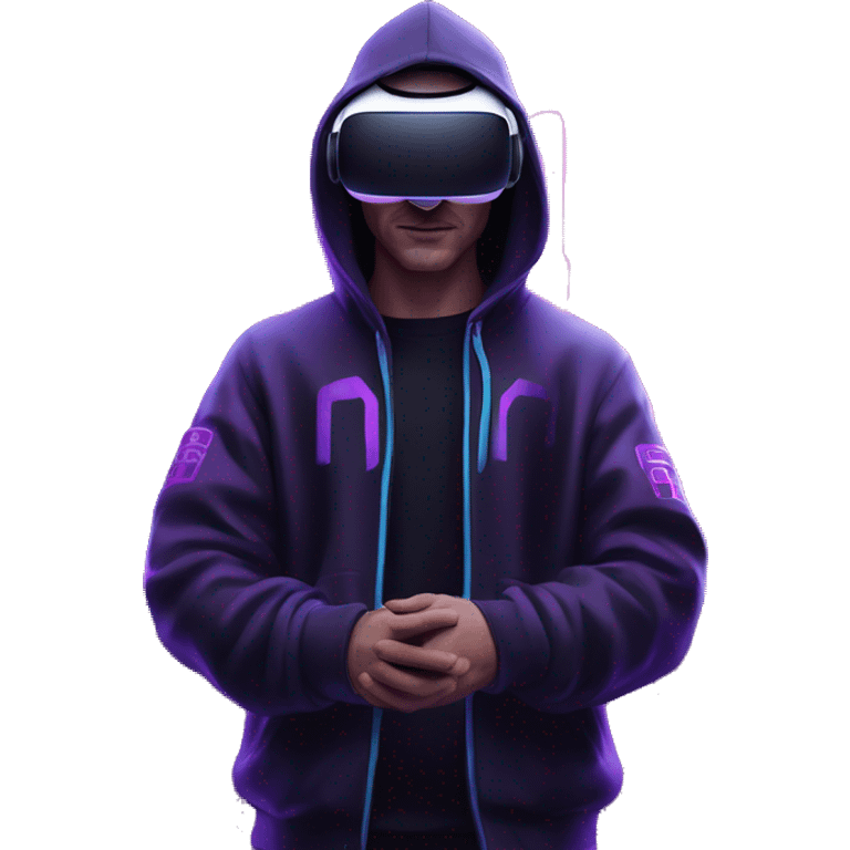 Russian man wearing a black hoodie with "OMG" letters on it and VR headset in a cyberpunk VR environment with violet neon lighting. emoji