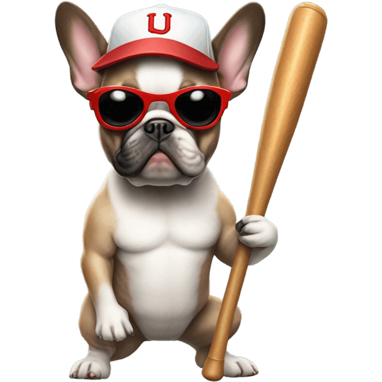 A French bulldog with a baseball bat and a baseball cap on with dark sunglasses emoji