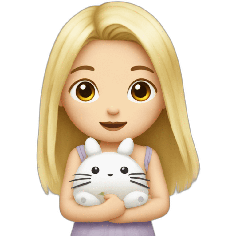 bébé fille blonde décoiffée avec une peluche Totoro  emoji