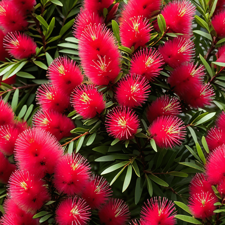 Cinematic Realistic Callistemon Emoji, Vibrant and striking, with spiky red flowers resembling a bottlebrush. The slender leaves create a fine backdrop to the bold blooms, while the plant exudes energy and vitality. Soft glowing outline, capturing the essence of strength, color, and natural beauty in a brilliant callistemon tree! emoji