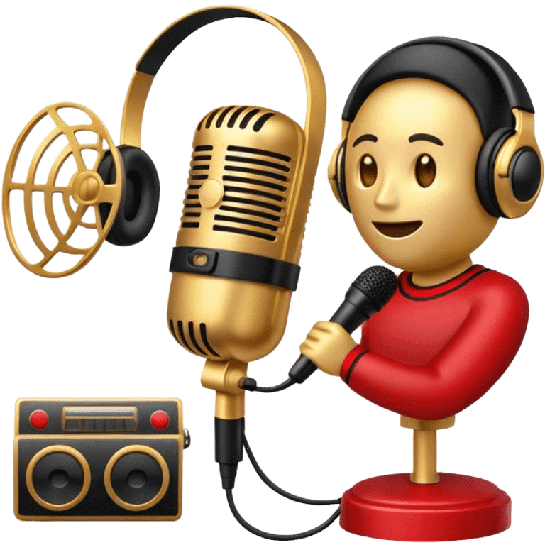 Create a dynamic and cinematic emoji that represents voice-over and dubbing in films. The design should feature a microphone, sound waves, and a film reel or movie clapperboard, symbolizing the connection between voice acting and film production. Add elements like headphones or a voice actor's silhouette to emphasize the human element of dubbing. Use vibrant, cinematic colors like gold, black, and red to create a sense of drama and creativity. The background should be transparent. emoji