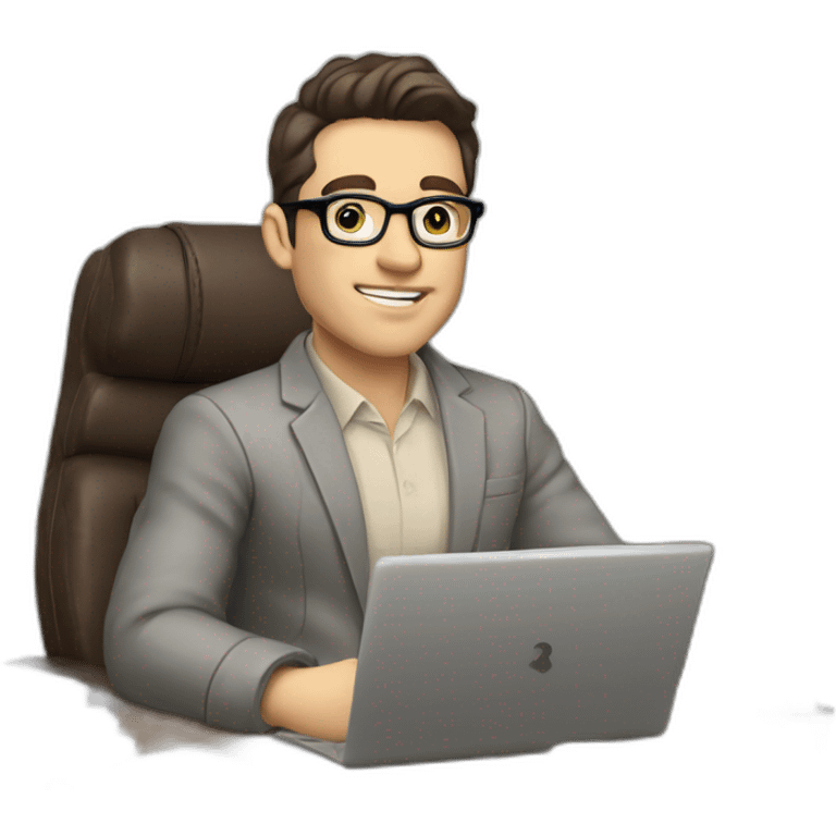 Pale skinned Fit Man With dark brown hair in gray jacket with emblem Ψ, beige office shirt and vintage glasses sitting In a soft chair with a notebook and a pen in his hands emoji