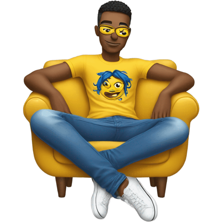 A person lying on a sofa, legs crossed with hands behind the head, relaxing in a cozy setting, yellow emoji color skin, Ed Hardy t-shirt, blue jeans emoji