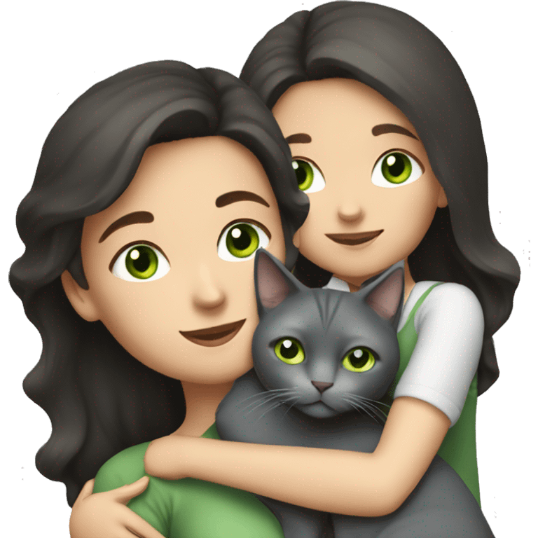  white woman with dark hair cuddling grey cat with green eyes  emoji