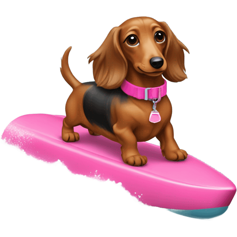 Long haired miniature dachshund red colour with pink collar waterskiing emoji