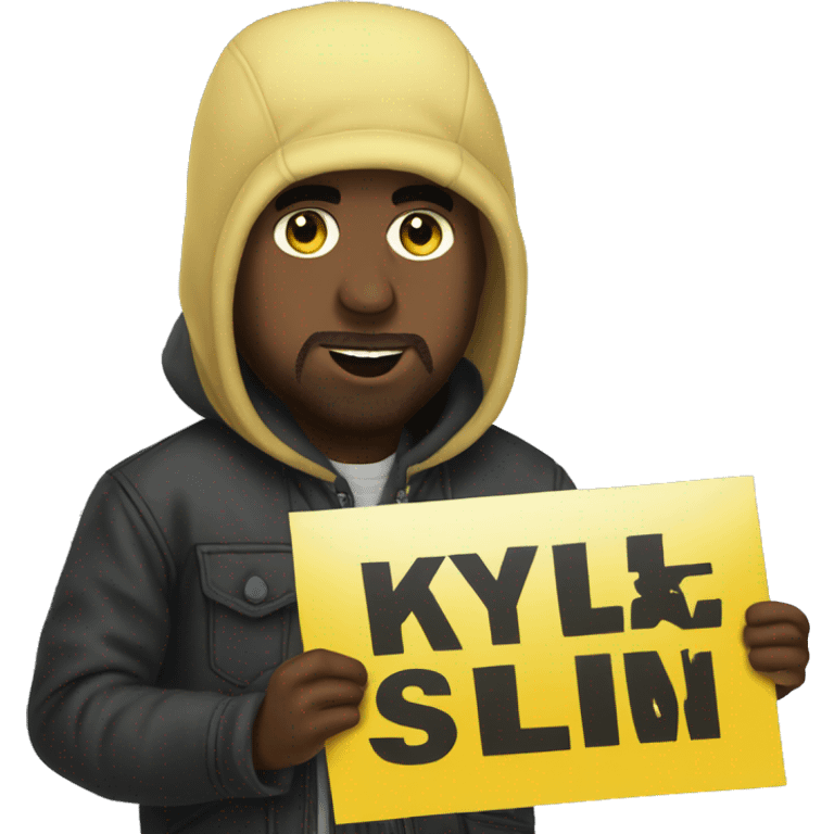 Kanye west holds a yellow sign with emoji