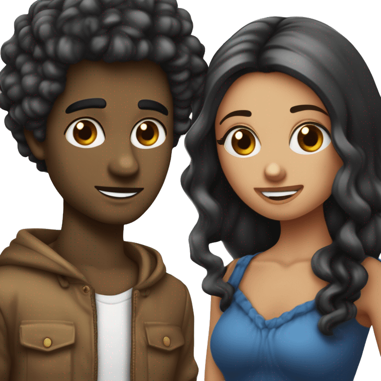 Créé des amoureux qui marche ne filles veux des yeux bleus avec les cheveux noirs lisse et un garçon bronze avec les cheveux bouclés noir et les yeux noirs  emoji