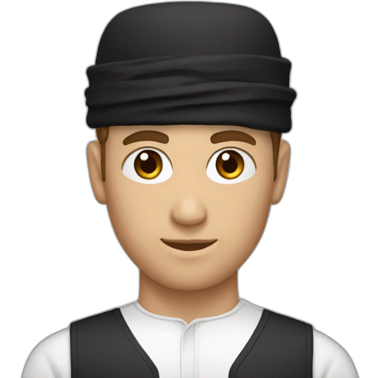 White man wearing black omani musar (head cover), with white top emoji