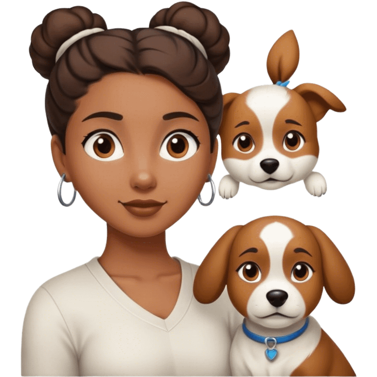 smart, 30 year old, brown girl, back bun hairstyle, with a big white brown dog emoji