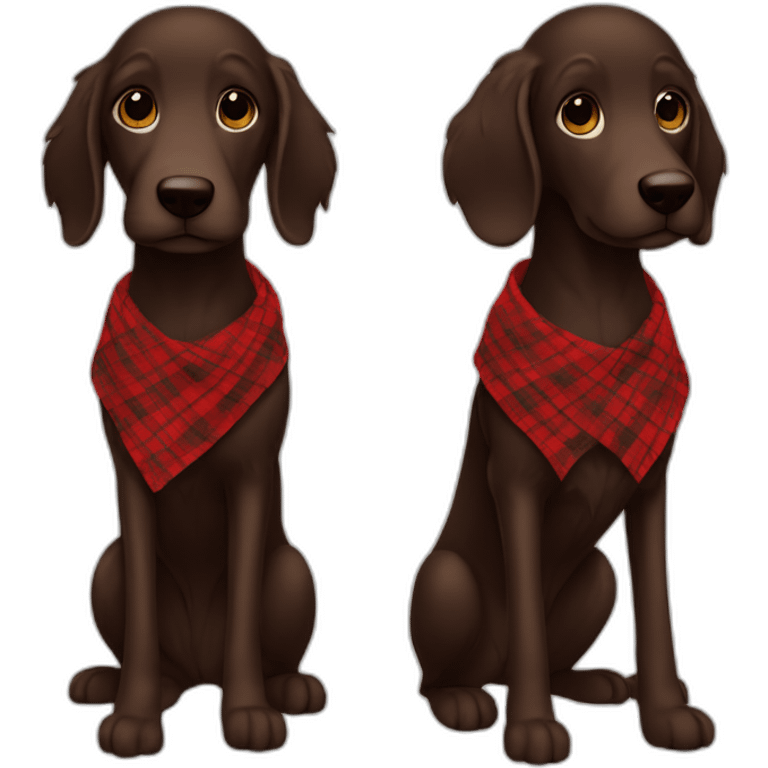 Dark chocolate colored doodle wearing a red and black flannel handkerchief emoji