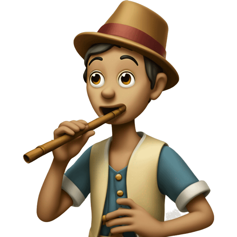 Pinocchio playing flute with his long wooden nose emoji