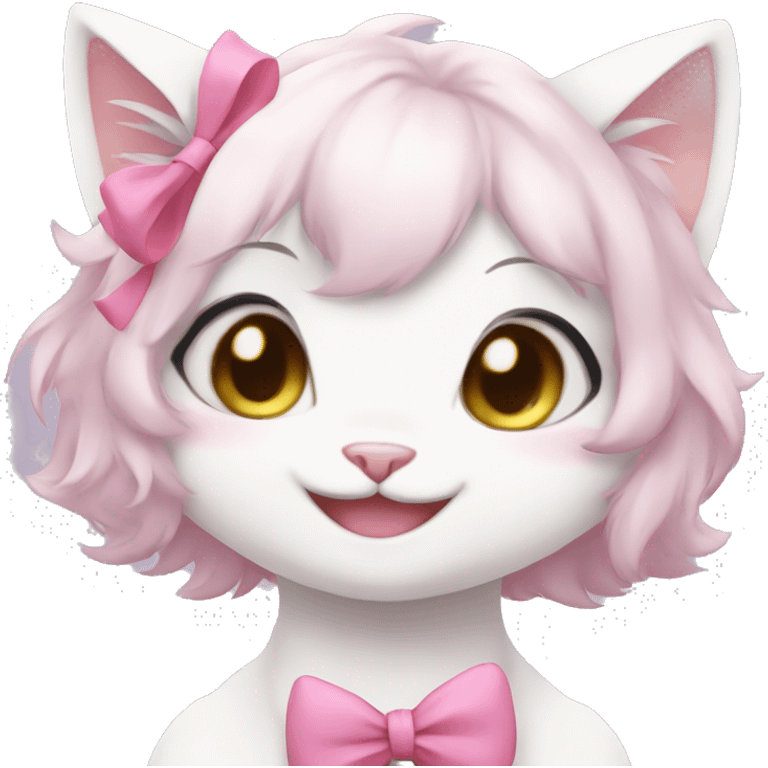 fursona white cat girl with pink bow cute laughing anime emoji