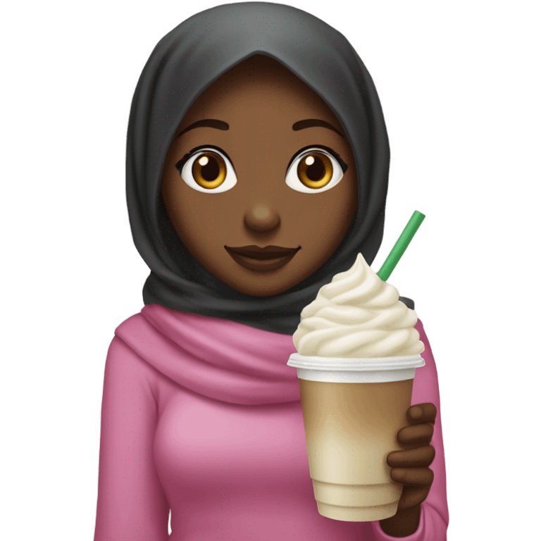 Black girl wearing a pink hijab with a vanilla bean Frappuccino in her hand emoji