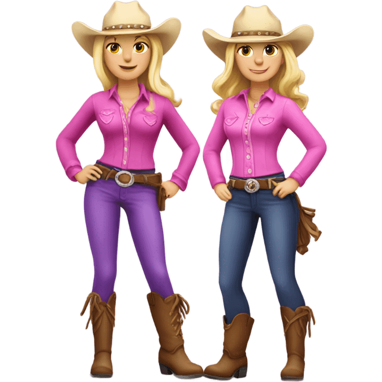 Two blonde cowgirls wearing pink and purple  emoji