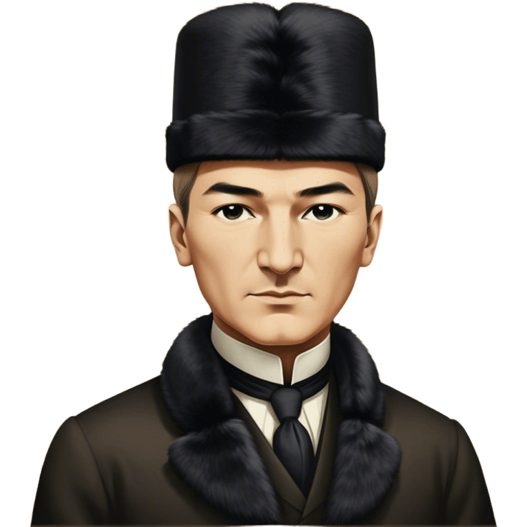 ​Cinematic Realistic Portrait of a Young Mustafa Kemal Atatürk, depicted wearing an iconic tall black fur hat along with traditional attire, his confident, visionary expression illuminated by warm, inspiring lighting, rendered with rich historical textures that capture his youthful dynamism and transformative leadership, emoji