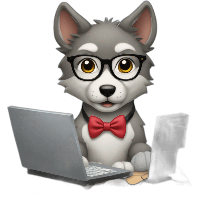 a wolf cub with glasses and a bow tie working on a computer. emoji