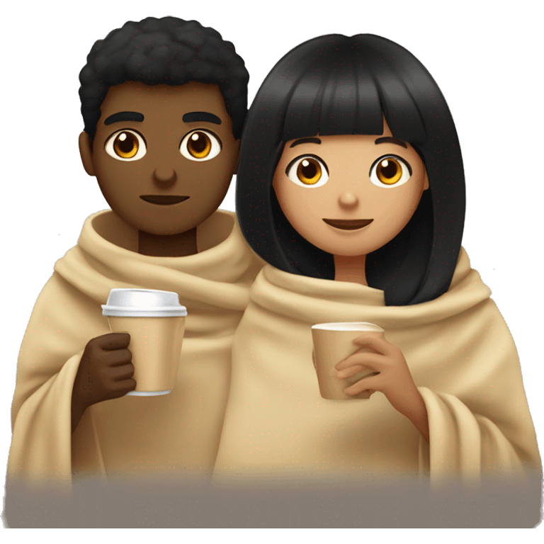 TAN SKIN GIRL WITH BLACK HAIR AND BANGS AND BROWN SKIN BOY WITH BLACK HAIR inside a blanket sipping coffee emoji