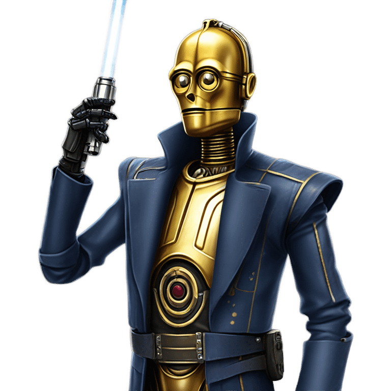 tough well-equipped jedi first order life-sized darkblue-pearl C3po as a friendly bounty hunter droid wearing a leather clothing old west duster coat holding light saber emoji