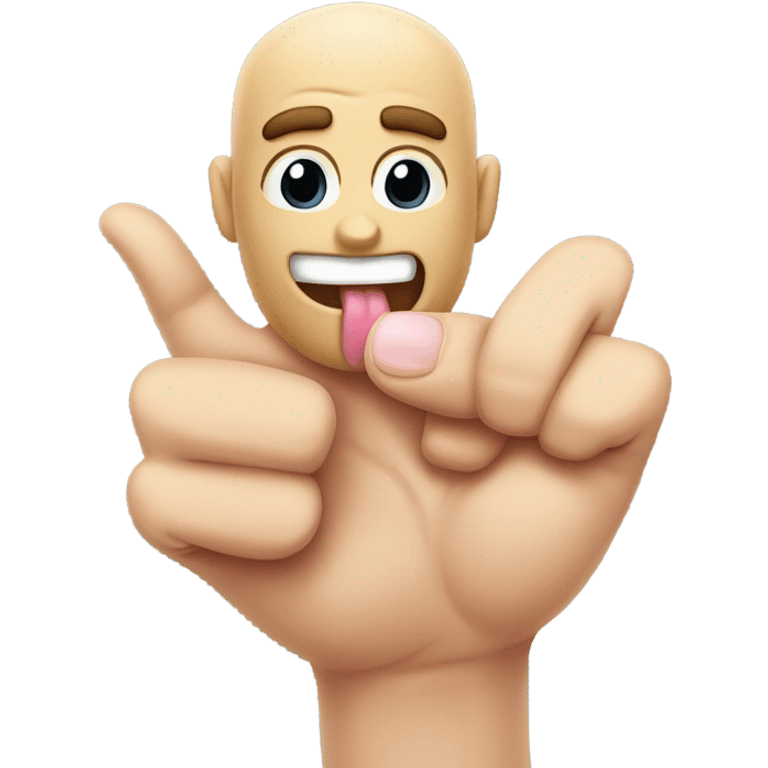 Emoji with tongue out holding up his pointer, middle, pinky and thumb up but his ring finger down emoji