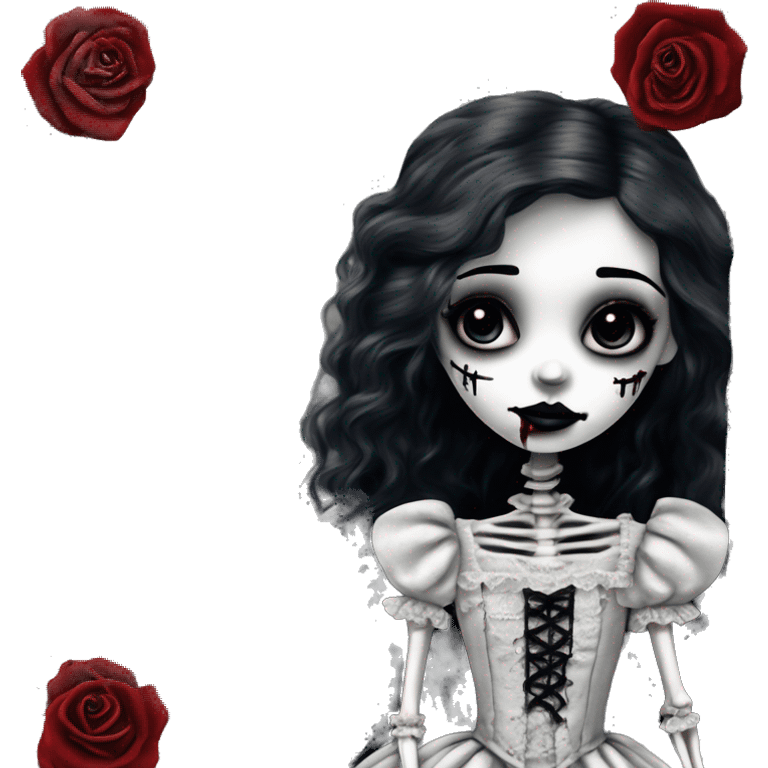 SILVER LANDSCAPE PICTURE WITH FRAME: full body, hyper realism, full height skeleton, tim burton "corpse bride", thin porcelain doll with a cracked face, goth makeup watery eyes, long hair, lace and ruffles, lolita style, inked, black and white, red roses emoji