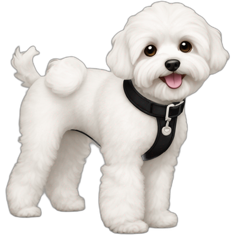 White maltipoo walking with black collar emoji