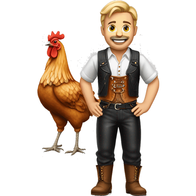 German man wearing Bavaria leather pants with half chicken emoji