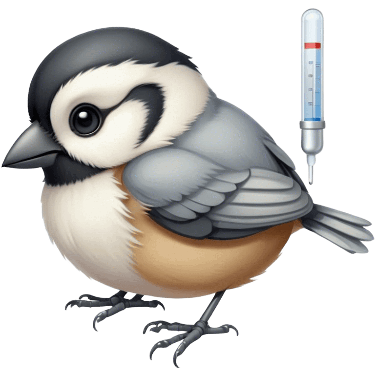 Sick Chickadee with thermometer in beak lying in bed emoji