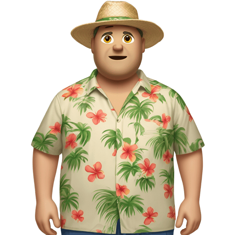 a middle aged obese white man with a hawaiian shirt, with a hawaiian hat, khaki shorts and flip flops   emoji