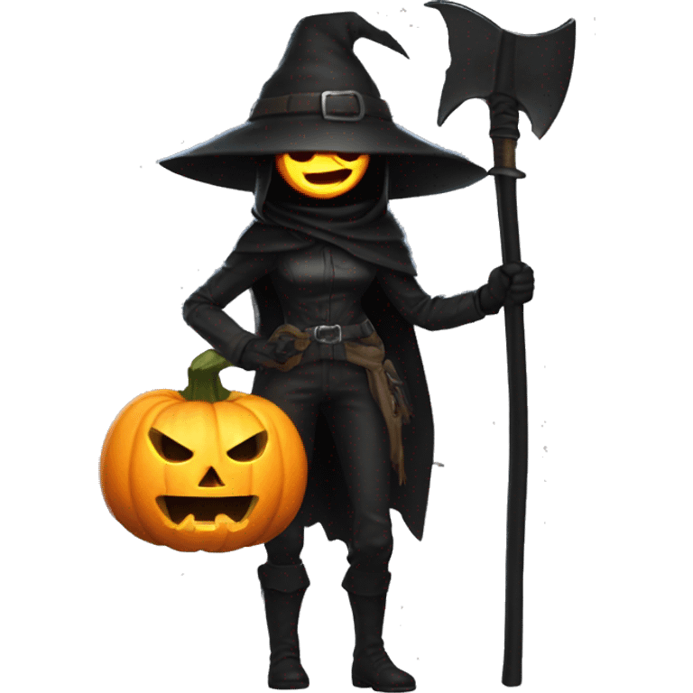 Human female pumpkin hunter with a scythe, glowing pumpkin eyes inside a black helmet, Halloween theme, emoji" emoji