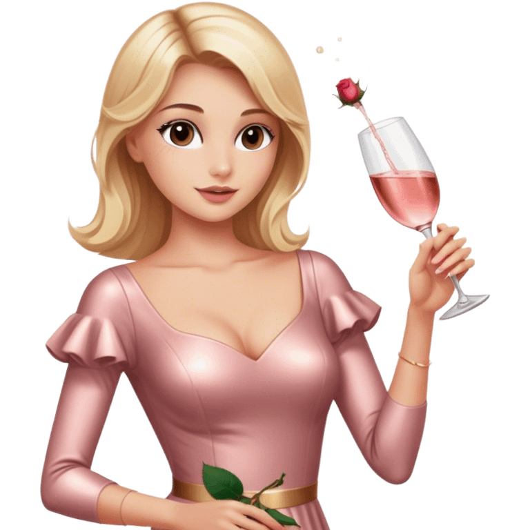 Pretty Blonde model, brown eyes, wearing a rose gold dress with sleeves, raising a bottle of rosé champagne emoji