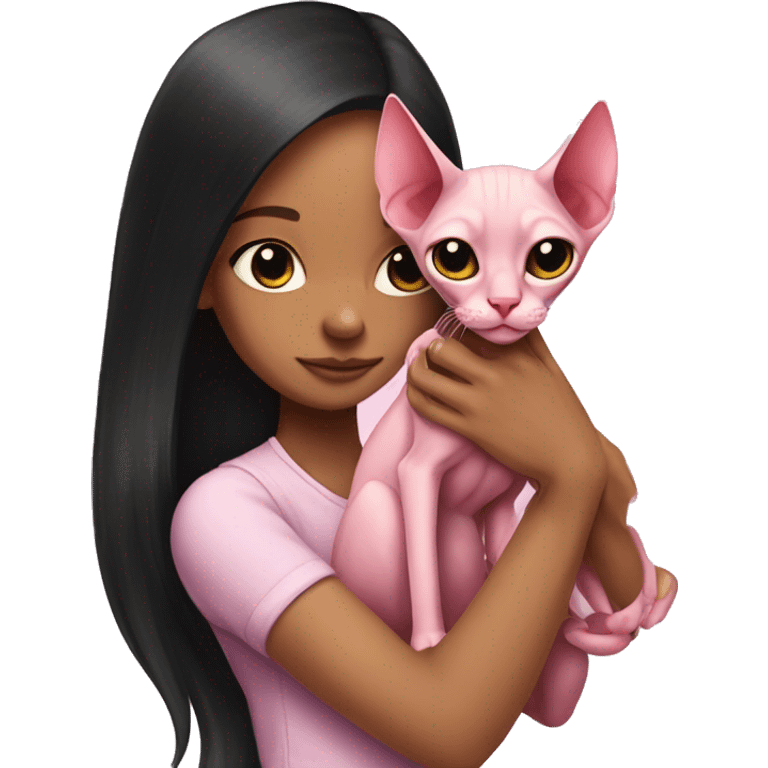 pink sphinx cat in the arms of a girl with long black hair emoji