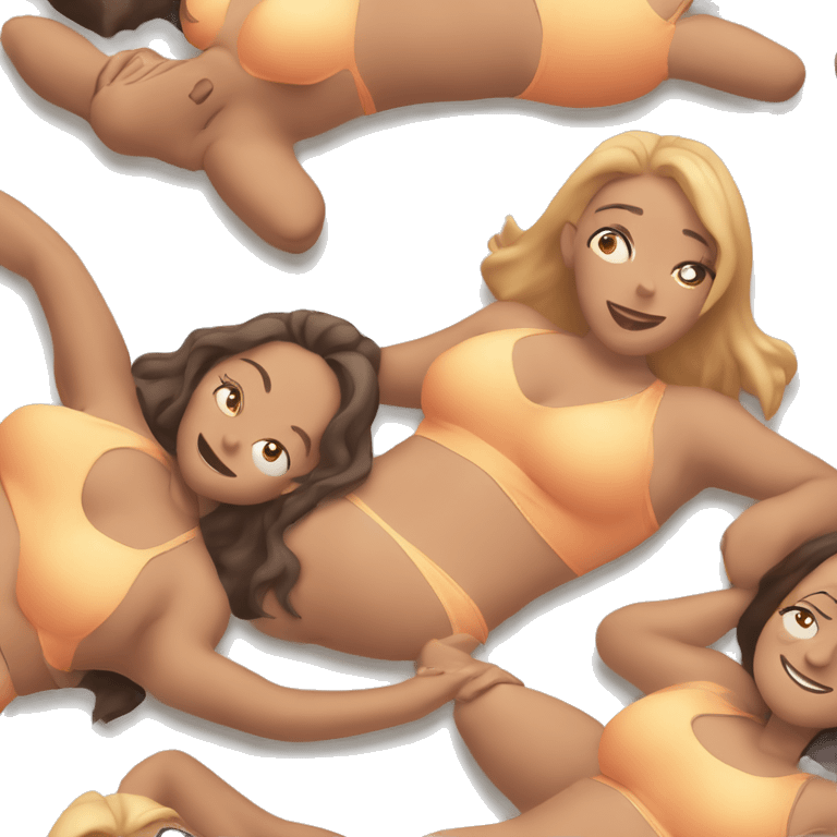 Three flattened simplistic women in bikinis laying on the ground squishing their belly. Different skin colours emoji